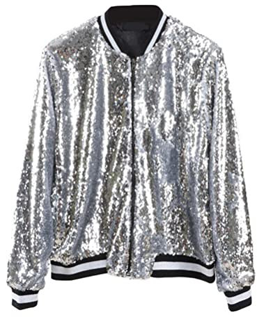 ORANDESIGNE Baseball Jacke Damen Pailletten Reißverschluss Langarm Jacken Frühling Herbst Kurze Jacke Outwear mit Taschen Frauen Retro Casual Baseball Bomberjacke Bikerjacke J Silber M