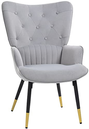 HOMCOM Sessel Individueller Sessel Schlafsessel gepolstert in Samt mit hoher Rückenlehne Armlehnen und Stahlbeine Modern Style 68x72x103 cm Grau