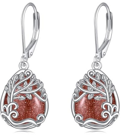 Boucles d'oreilles Pierres de Lune pour Femmes Boucles D'oreilles Pierres de Lune en Argent 925 Bijoux Cadeaux (NN-Pierre de sable dorée Arbre de vie)