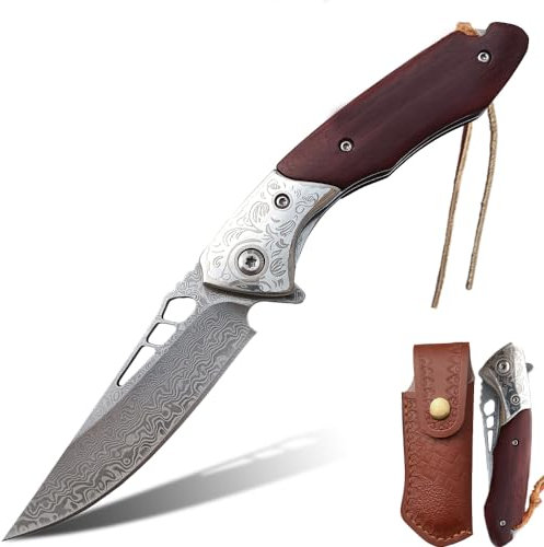 BFYLIN Damast Taschenmesser Klappmesser mit Clip, Scharf Einhandmesser mit Damaststahl Klinge, Holzgriff Liner Lock Flipper Messerscheide Leder - Damastmesser für Camping