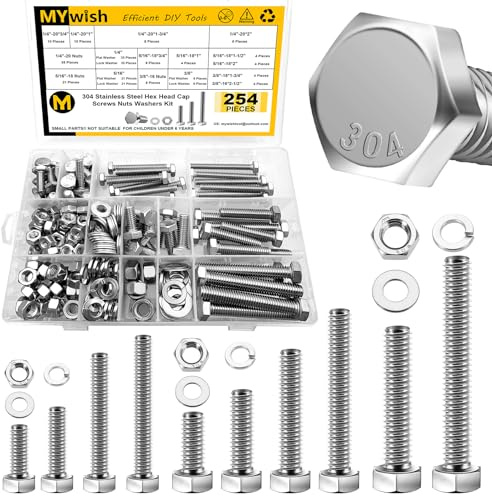 Mywish 254Pcs Nuts and Bolts, 1/4 20 5/16 18 3/8 16 Bolt, Heavy Duty 304 Stainless Steel Bolts and Nuts Kit with Flat Spring Washers, Includes 10 Common Sizes, Fully Threaded