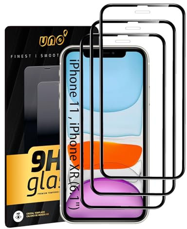 UNO' - 3 Ud De Protector de Pantalla Cristal Templado Para iPhone 11/XR (6.1) Cobertura Completa Con Bordes Negros. Anti-huella ,Antiarañazos, Dureza 9H, Sin Burbujas, Ultra Resistent.