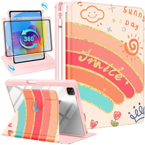 SurgeCraft Étui pour iPad Pro 12.9 2022/2021/2020/2018, support rotatif à 360 degrés avec porte-crayon pour femmes et filles, jolie housse folio girly arc-en-ciel kawaii pour iPad Pro 12,9 pouces