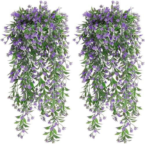 Dremisland 4 Piezas Morado Flores Artificiales Colgantes Plantas 67cm Protección UV Planta Artificial Exterior Decoración para Hogar Habitación Hogar Boda