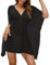 Vossmi Mujer Vestido de Playa Ropa de Baño Suelto Vestidos Cuello en V Bikini Cover Up Verano Pareos y Camisola,Negro