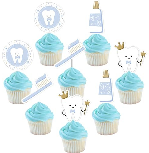 Cupcake-Topper mit Zähnen, Blau, für den ersten Zahn, Kuchendekorationen, Zahnarzt, Babyparty, Cupcake-Topper, Zahnarzt, Party-Dekoration für Jungen, Zahnabschluss, Geburtstag, Party, Babyparty,