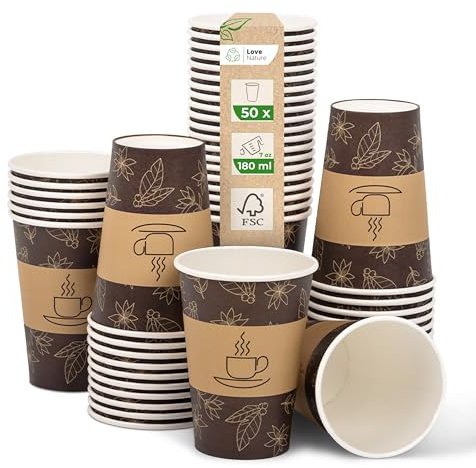 Love Nature Kaffeebecher to Go 180 ml 7,5 oz – Pappbecher 50 Stück – Coffee to go Becher - Einwegbecher zum Servieren von Kaffee, Tee, heißen und kalten Getränken