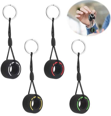 MUYAPAY 4 Pièces Porte Clef Voiture, Porte Clés Créatif, PVC Pendentif Porte Clés de Voiture Caoutchouc Souple, Porte Clés Roue Créative pour Hommes et Femmes, Blanc Rouge Jaune Vert