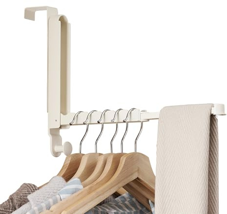 RFOUO Over Door Hanger Fit up to 46mm Optimal 1pc,Coat Hooks for Door with Retractable Rod,Foldable Over Door Hooks for Bedroom Laundry Bathroom (Milky White, 1 Pack)
