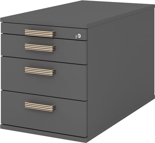 bümö Rollcontainer mit Schubladen, Container abschließbar aus Holz in Graphit - Rollwagen für's Büro als Schreibtisch Unterschrank, Bürocontainer od. Schreibtischcontainer mit Streifengriffe