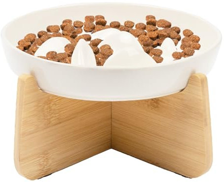 Raised Cat Bowl, Raised Cat Slow Feeder Ceramic Elevated Bowl Anti-Gulping Anti Vomiting, with Wooden Stand, Cat Food Bowl Eating Interactive for Puppies Kittens (White)