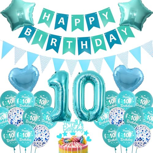 Luftballon 10.geburtstag Blau Junge - Happy Birthday Banner, Wimpel Girlande, Riesen Folienballon Zahl 10, Tortendeko, Herzen, Sterne Folienballon, Paillettenballons