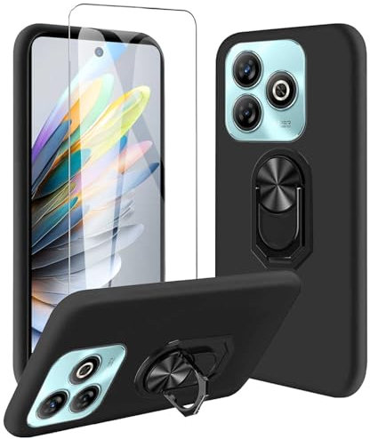 JDXHFF Hülle Kompatibel mit ZTE Blade A75 4G (6.56) Schwarz und 360° Drehbarer Ständer und Panzerglas Displayschutzfolie - Schutzhülle Weich Silikon Flexibel TPU Tasche Case