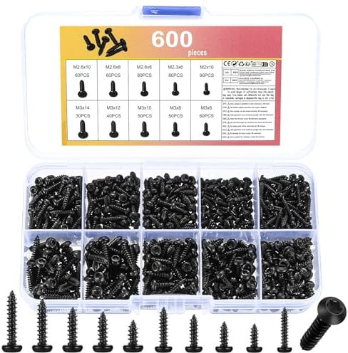 600 Pz Viti Autofilettanti per Legno, Viti a Testa Tonda, Kit Assortimento di Viti per Legno Torx, Viti Torx Testa Cilindrica, Viti a Testa Bombata Torx Nere per Plastica Metallo(M2, M2,3, M2,6, M3)