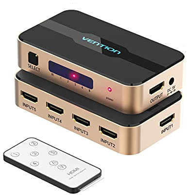 VENTION HDMI Switch 5 in 1 Out With IR Remote, 4K @30Hz 3D UHD Selector Compatible With PS5, PS4, PS3, Xbox, DVD, TV, Blu-ray, Projector