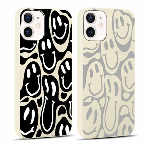 RUMDEY Handy-Schutzhülle für iPhone 12/iPhone 12 Pro 6,1 Zoll, niedliches Happy Smiley Face-Design, weiches Silikon, dünn, TPU, stoßfeste Schutzhülle, Damen, Herren, Mädchen, Schwarz/Grau, 2er-Pack
