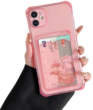 DEFBSC Case for iPhone 12, Transparent Back Card Holder Phone Case, Ultra Slim Soft TPU Shockproof Clear Case with Card Slot for Back of Phone - Pink