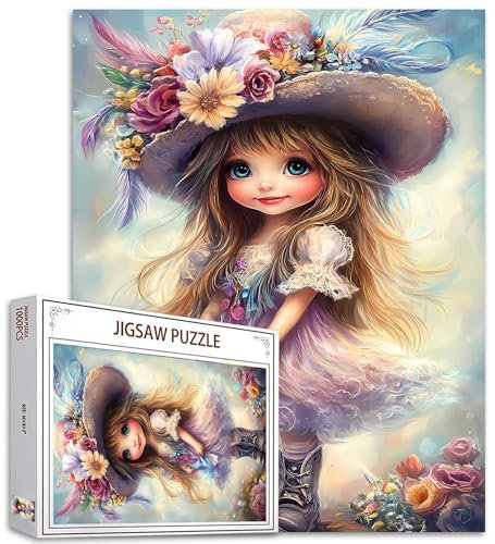 Tucocoo Niedliches kleines Mädchen-Puzzles für Erwachsene, 1000 Teile, Blumenhut, Fantasie-Kunst-Puzzle, buntes Bastelpuzzle für Heimdekoration, Geschenke, Familien-Puzzle, perfekt für Spieleabende