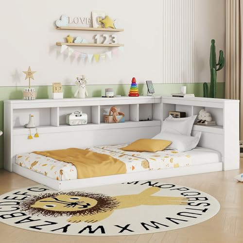 Huayz Daybett Einzelbett Bett 90x200 cm, Kinderbett, Tagesbett Bodenbett mit Stauraum Regale & Ladebuchse, Holzbett Jugendbett Funktionsbett, Bettgestell mit Lattenrost, Ohne Matratze (Weiß)