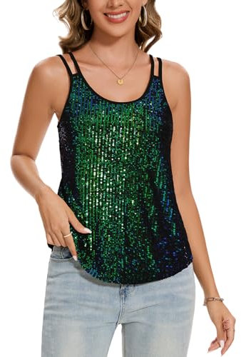 MINTLIMIT Damen Pailletten Metallic Blusen Ärmellos Tank Top Trägertop Läsiges Rundhals Oberteil (Grün XL)