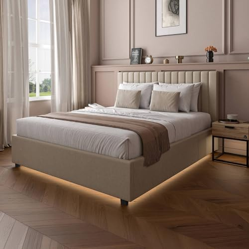 X-Rocker Maisie Velvet King Ottoman Bed Frame with Ambient Underbed RGB LED Lighting King 5f Low Sleeper Bedstead, Upholstered Fabric Velvet BedFrame with Storage XR LIVING - Natural Stone Beige