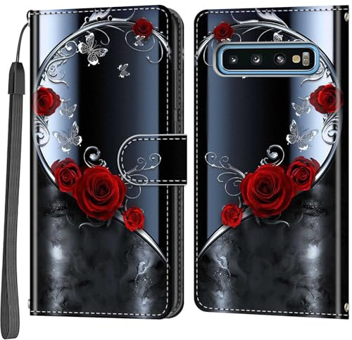 Handyhülle für Samsung Galaxy S10 Hülle, silberner Schmetterling | Kartenfach, Standfunktion, Magnetische, Klappbar PU Lederhülle, Stoßfeste, Faltbar Klapphülle, Handytasche