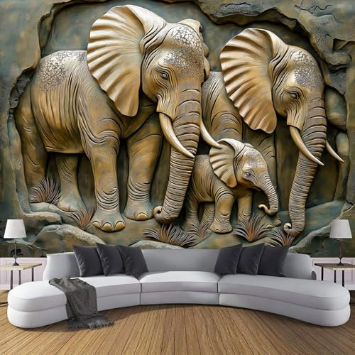 Tapete Fototapete 3D Effekt, Relief Elefant Wandbild Wandtapete, Vintage Wanddekoration Seidenstoff Tapete, Hauptdekorationen Für Wohnzimmer Schlafzimmer, 450X315Cm (B×H)