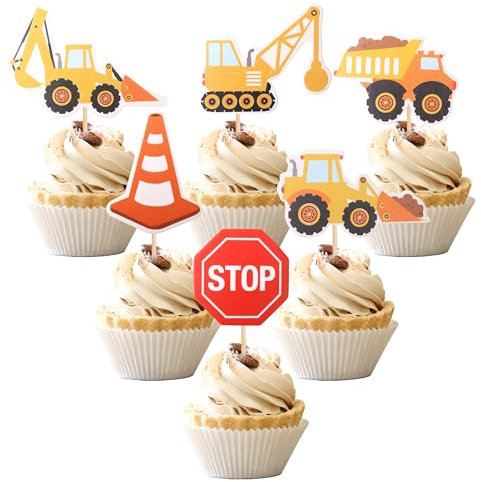24 PCS Baustellen Kuchen Deko, Bagger Muffin Dekoration, Cupcake Topper, Baustellen Deko Kindergeburtstag, Cupcake Topper Bauen, für Kinder Jungen Kinder Geburtstagsfeier Party Kuchen Dekoen