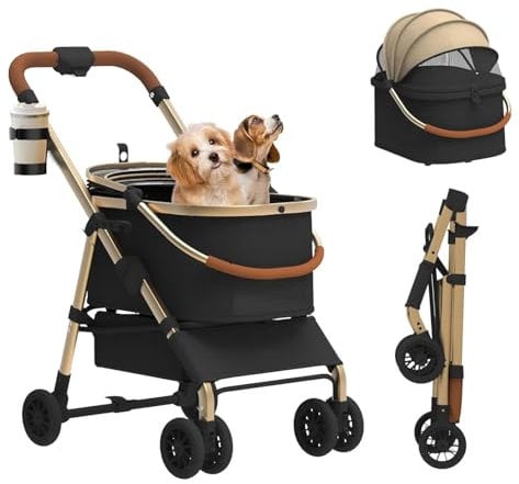Hundesportwagen für mittelgroße Hunde, Hundebuggy für kleine Hunde & Katz bis 15kg, Hundebox Transporttaschen, 3 in 1 Hundebuggy, abnehmbare faltbar Haustiertasche, Aufbewahrungskorb