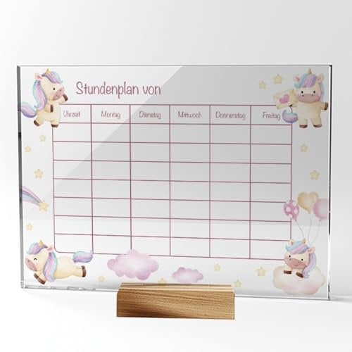 MeinBaby123® Stundenplan aus Acryl abwischbar inkl. Holzhalterung | Einschulung | Schulanfang Geschenk | Wochenplan | Mädchen | Stundenplan Einhörner