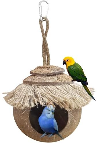 Kathson Niche en noix de coco avec crochet de suspension – Mangeoire à oiseaux en fibre de coco naturelle à suspendre – Nid de couvaison pour perroquets, perruches, inséparables, pinsons, canaris