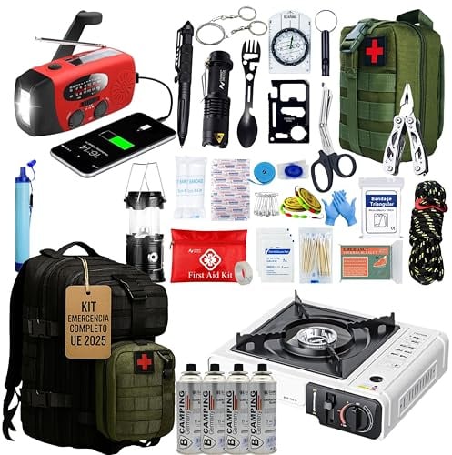 Kit de Supervivencia Completo UE 2026, Mochila Supervivencia 72 Horas Equipada con Camping Gas Portatil, Kit Supervivencia Catastrofe, Botiquín Táctico con Radio Sola, Alicates, Tijeras y Silbato