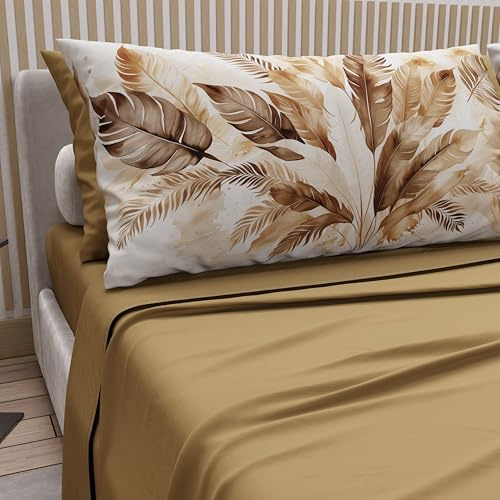 PETTI Artigiani Italiani - Bettwäsche für Doppelbett, Baumwolle mit Kissenbezügen mit Digitaldruck, komplettes Bettlaken für Doppelbett, Motiv: Palme Schlamm, Taupe, 100% Made in Italy