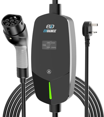 EVDANCE EV Charging Cable for Electric and Hybrid Vehicles, 6 Metres, Mode 2, 3 Pin UK Plug to Type 2 Car Charger