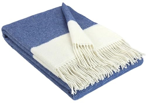 STTS International Kaschmir Decke Wolldecke Wohndecke 100% Merinowolle - Kaschmir - Mix 140 x 200 cm sehr weiches Plaid Kuscheldecke Faro (M Blau-Weiß)