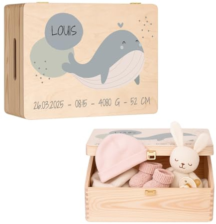 Maverton Erinnerungsbox Baby mit Namen, Aufbewahrungsbox mit Deckel | Personalisierte Geschenke Baby, Geschenk für Mädchen und Jungen zur Geburt zur Taufe, aus Kiefernholz