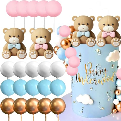 Lot de 22 décorations de gâteau en forme d'ours bleu et rose - Pour anniversaire d'enfant - Pour fête prénatale, anniversaire d'enfant, fête, anniversaire - Accessoires de décoration d'anniversaire