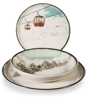 H&H, Servizio da Tavola Winter Escape, Set Completo 12 Pezzi in Stoneware, 4 Coperti, Piatti per case in Montagna, Natale, Adatti a Lavastoviglie e Microonde