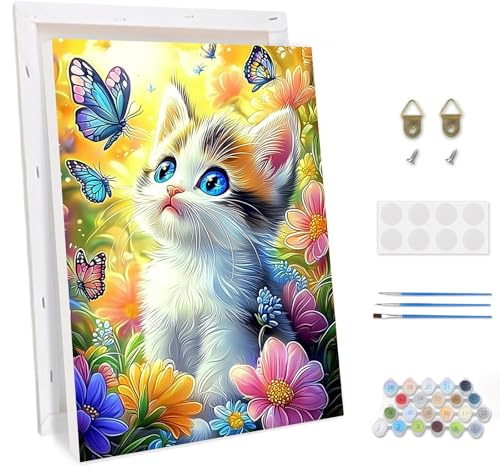 TOSTOG Peinture par Numéro Adulte avec Cadre Chat parmi les fleurs Peinture par Numéros pour Adulte Paint by Numbers Kit pour Décoration Murale et Cadeaux Pour La Maison (20×30cm)