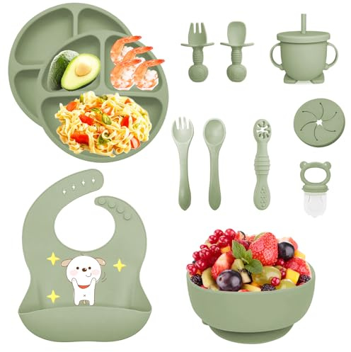 Vajilla Bebe Silicona, 12 Piezas Juegos de Vajilla Bebe Antideslizante con Platos Cuenco Babero Cuchara Bebe Taza, Cubiertos Bebe, Baby Led Weaning, Sin BPA, Cubiertos Infantiles (Verde)