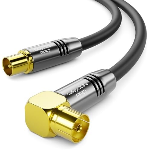 deleyCON 4m 4K TV Antennenkabel Koaxialkabel 90° IEC - Schwarz | 4K Ultra-HD Full HD HDTV, 1x gewinkelt, IEC-Stecker gerade zu IEC-Buchse 90°, Metallstecker