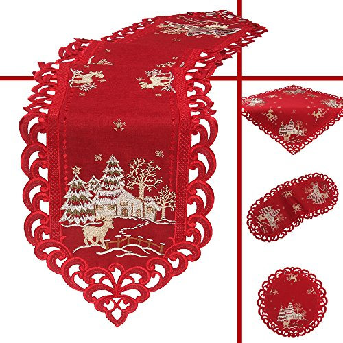 Quinnyshop Hirsch Weihnachts-Mitteldecke 60 cm Rund Leinen Optik, Rot