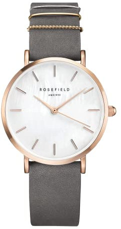 Rosefield Damenuhr The West Village Roségold 33 mm Rundes Gehäuse mit Weißem Zifferblatt und Grauem Band - WEGR-W75