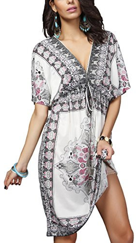 OCTOPUSIR Ladies Beach Wraps and Cover ups 2019 Women's V-Neck Bohemia Beach Dress Short Sleeves Boho Swimwear for Holiday Beachwear Bikini Bathing Suit White