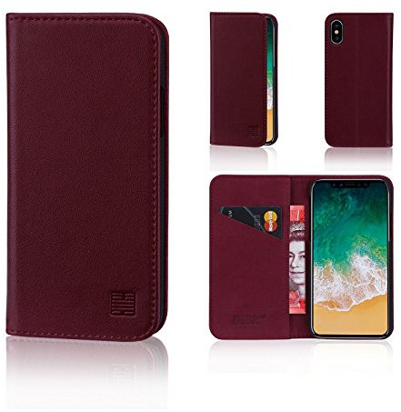 32nd Classic Series - Real Leather Book Wallet Flip Case Cover For Apple iPhone X & iPhone XS, Real Leather Design With Card Slot, Magnetic Closure and Built In Stand - Burgundy
