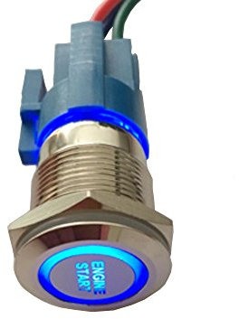 Mintice Acero Inoxidable 12V 5A 19mm Momentáneo Interruptor de Botón Pulsador Arranque Impermeable Metal Interruptor Palanca Enganche Luz Azul para Coche Enchufe Cable