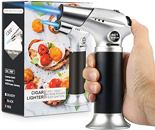 Blow Torch, Home-Grade Kitchen Cooking Torch with Lock Adjustable Flame Refillable Mini Blow Torch Lighter for BBQ, Baking, Brulee Creme,Light Cooking Tasks,DIY Soldering (Butane Gas Excluded)