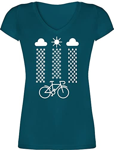 T-Shirt Damen V Ausschnitt - Bekleidung Radsport - Fahrrad mit Wetter - XXL - Türkis - fahrradoutfit Frauen Radfahren t-Shirts Radsport-Bekleidung Bike Shirt Radfahrerin Tshirt Radfahrer Shirts