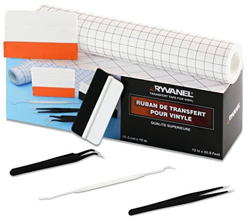 RYVANEL® Rouleau de Transfert Réutilisable pour Vinyle adhésif –Papier Transparent avec Grille d’Alignement – (30,5cm x 10m) Pour Vinyle autocollant–Kit Complet avec Raclettes & Outils de Désherbage