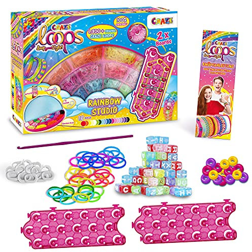 CRAZE LOOPS Rainbow Studio | Loom Bänder XXL Set mit 1300+ Gummibänder und viel Zubehör - Kinder Bastelset - Halsketten, Ringe und Armbänder selber machen